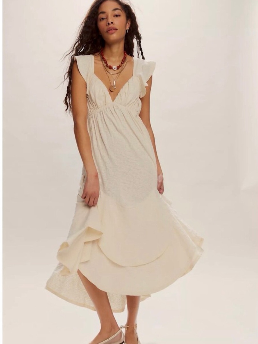 Free People Aquamarine Cream Ruffle V-Neck Midi Dress *NEVER WORN*